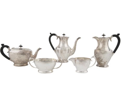 AN IRISH FIVE-PIECE SILVER TEA AND COFFEE SERVICE, Dublin 1966, mark of Larry Gunning, commemorative mark, comprising teapot,