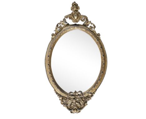 A VICTORIAN GILTWOOD AND GESSO OVAL THREE LIGHT GIRANDOLE MIRROR, surmounted by a leaf scroll cartouche within a beaded frame