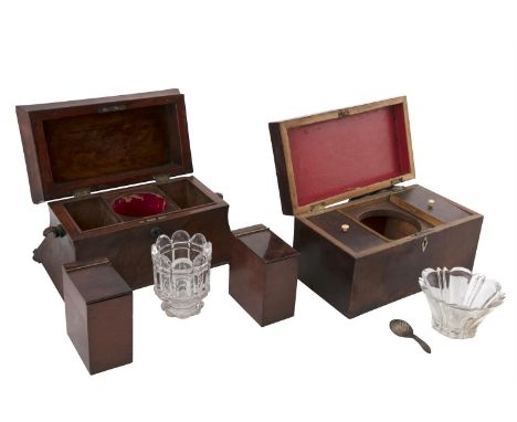 A WILLIAM IV MAHOGANY SARCOPHAGUS SHAPED TEA CADDY, with well fitted interior, raised on flat bun feet, side handles; togethe