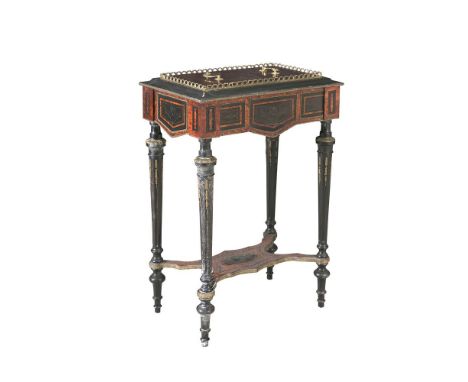 A FRENCH 19TH CENTURY EBON AND WALNUT JARDINIERE TABLE, with removable top, fitted planter interior, with brass gallery above