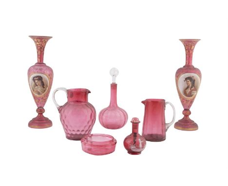 A GOOD COLLECTION OF VICTORIAN GLASS, including a pair of portrait vases, of slender upright form each with flared rim and ap