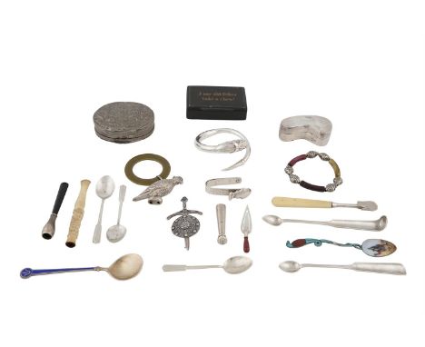 A COLLECTION OF RUSSIAN AND CONTINENTAL SILVER AND OBJECTS OF VIRTUE, including enamelled spoons, a French double-sided snuff