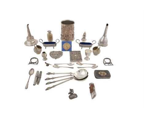 A MISCELLANEOUS COLLECTION OF SILVER AND SILVER PLATED CURIOS, including a Burmese card case, a pair of Indian salt cauldrons