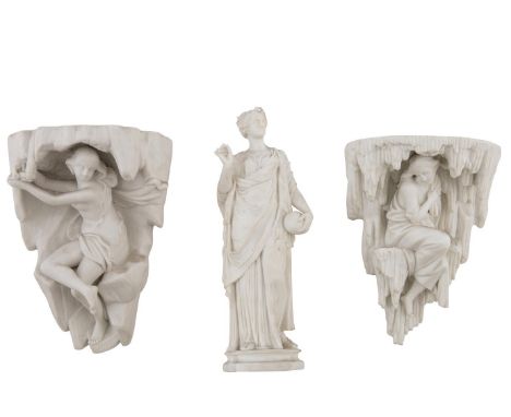 A NEAR PAIR OF ROYAL WORCESTER BISCUIT GLAZED WALL BRACKETS, c.1900, each modelled as classical maidens seated within a grott