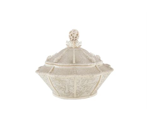 ***PLEASE NOTE: THIS ITEM CONTAINS OR IS MADE OF IVORY***A CHINESE CARVED IVORY BASKET AND COVER, Canton 19th century, Qing D