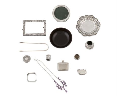 A COLLECTION OF VICTORIAN AND LATER SILVER ITEMS, comprising an Art-Deco silver and Bakelite bowl, Birmingham; two silver pho