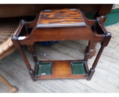 Oak hall umbrella/stick stand fitted fALL top storage compartment and two tin trays 