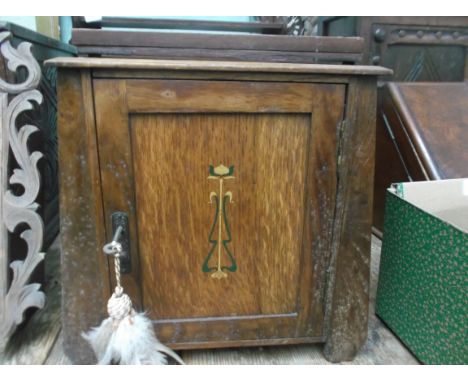 Inlaid oak storage cabinet, the interior fitted shelf and 2 pull out drawers, with key