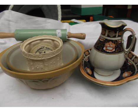 2 piece cobalt blue and rust ground toilet set, kitchen ware incl. mixing bowls, rolling pin etc.