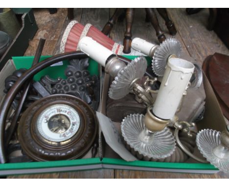 Magpie lot in 2 boxes of gas mask, 2 pendant arm light fittings, circular aneroid barometer, loose carvings etc.