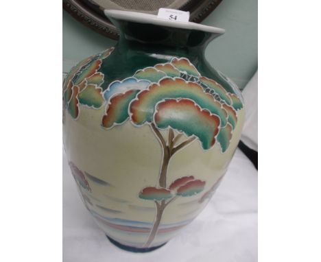 Large green, brown and yellow ground urn shaped mantelpiece flower vase with autumnal leaf decoration 