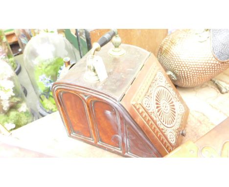 Decorative copper coal scuttle with ebony and brass handle fitted trowel 