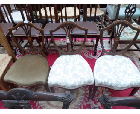 3 Inlaid shield backed bedroom chairs each with padded seat, one in light brown draylon  the others in floral patterned cotto