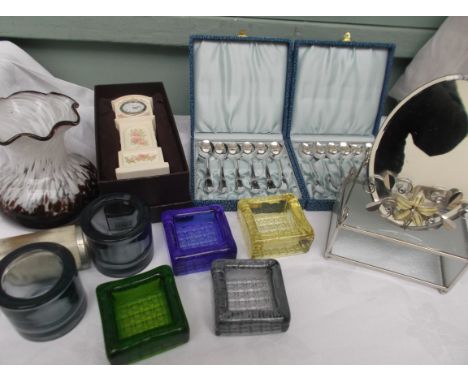 Collectors lot incl. coloured glass trinket bowls, toilet mirror, unused small quartz clock, bone snuff box and 2 boxed sets 