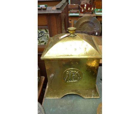 Ornate handled lidded brass coal container with trowel