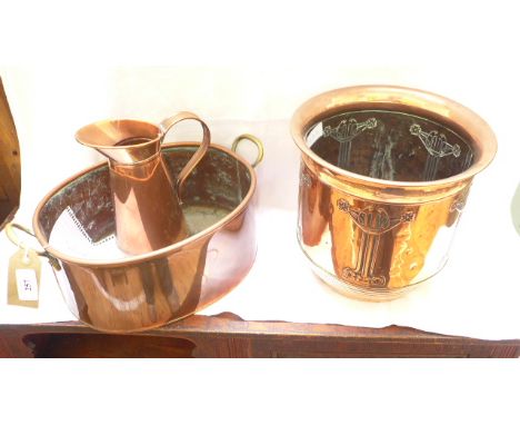 Oval copper brass handled plant trough, circular copper bulb holder and small copper water jug (3)