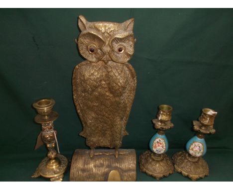 Brass owl fireside tidy, single owl brass candlestick and a pair of brass and decorative coloured floral pot miniature candle
