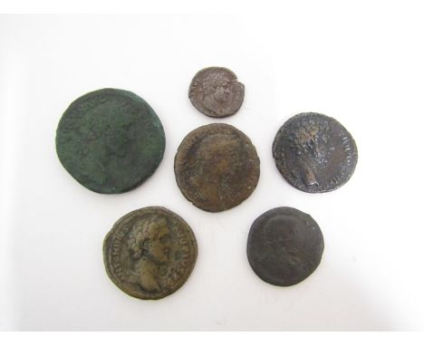 Six Roman bronze coins including Sestertius + dupondis of Antoninus Pius (138-168AD),  Marcus Aurelius (139-161AD) + two coin