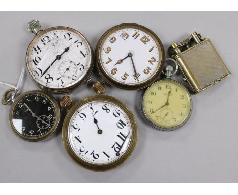 Five assorted pocket watches and a Dunhill lighter.