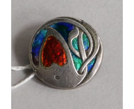 An early 20th century Art Nouveau silver and enamel button, converted to a brooch, William Hair Haseler, 26mm.