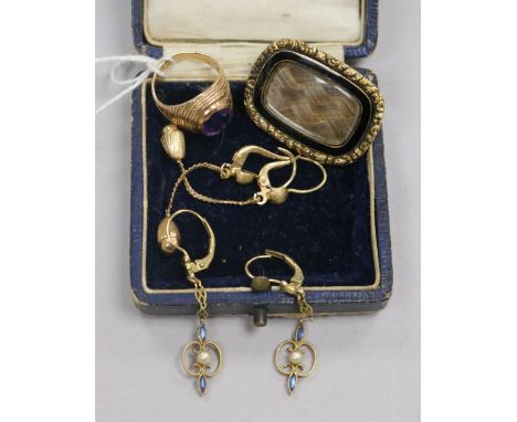 A pair of 18ct gold drop earrings, a similar 9ct gold and gem set pair, a 19th century yellow metal and enamel mourning brooc