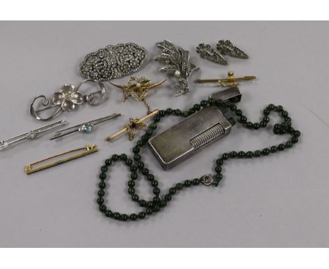 Six various gem set bar brooches including gold, a Dunhill lighter and mixed costume jewellery.