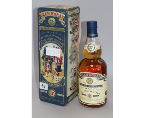 A bottle of cased Glen Moray Blackwatch 17 year malt scotch whisky