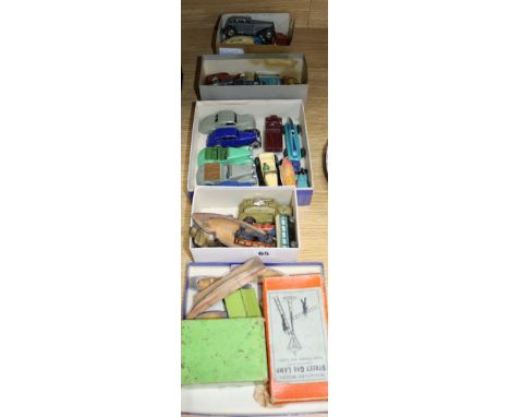 Various pre-war Dinky cars, tinplate toys, two mickey mouse felt toys, boxed street gas lamp etc