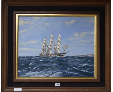 R. Bromley, oil on board, Three master off the coast, signed, 40 x 50cm