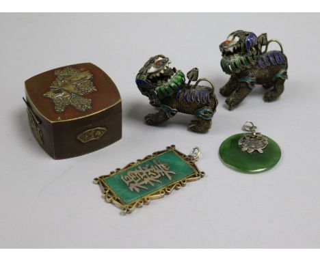 Two enamel and silver Dogs of Fo, a box and two pendants