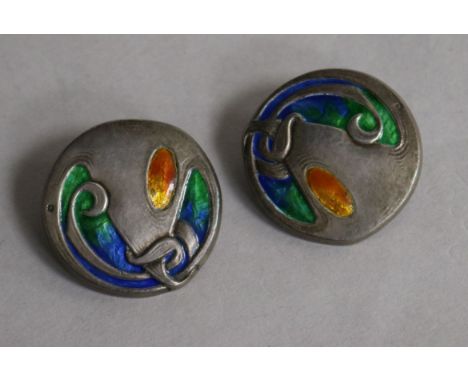 A pair of Edwardian Art Nouveau Liberty & Co Cymric silver and enamel buttons, Birmingham, 1904, 33mm.