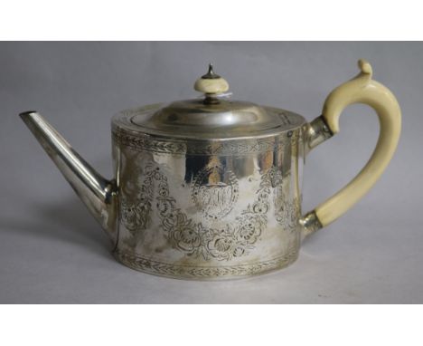 A George III silver oval teapot by Aldridge & Green, London, 1783, gross 16 oz.