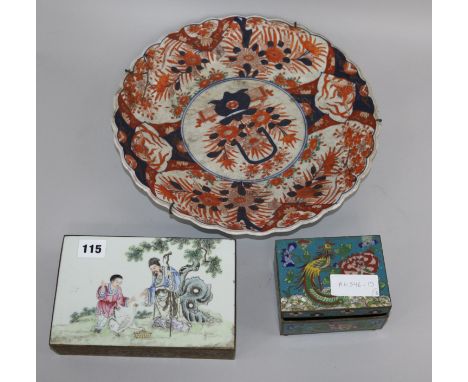 A Chinese famille rose and brass box, a cloisonne enamel box and an Imari dish dish diameter 34cm