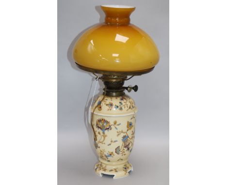 A ceramic oil lamp converted and a white glass hanging shade height 54cm incl. shade