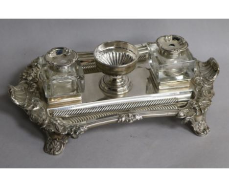 A William IV silver inkstand, by Henry Wilkinson & Co, Sheffield, 1833 and tow later pens, 27cm, 17 oz.