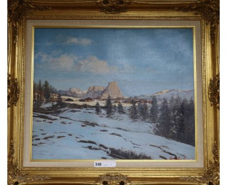 R Aureli (1940-), oil on canvas, Winter landscape, signed, 50 x 60cm