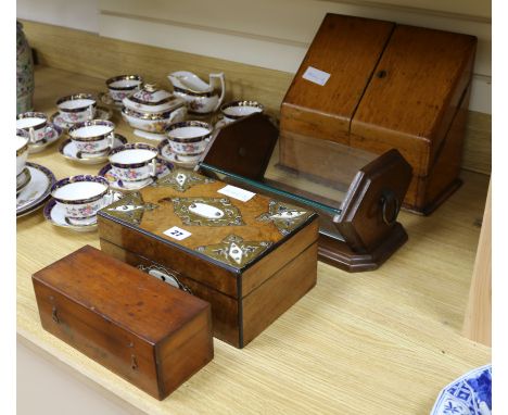 An oak stationery box, a walnut jewellery box, a cased microscope and an Art Deco book trough box height 12cm width 25cm