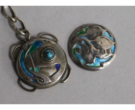 An Edwardian Art Nouveau Liberty & Co silver, enamel and turquoise pendant, Birmingham, 1906 and similar button a.f. by Willi