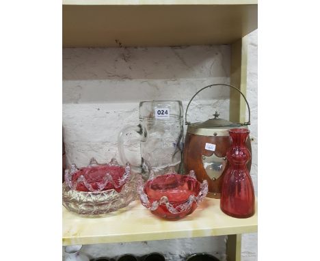 SHELF LOT OF RUBY GLASS, TOBACCO JAR &amp; GLASSWARE 