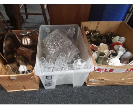 3 X BOX LOTS TO INCLUDE EPNS, CROWN DERBY, BELLEEK, AYNSLEY, MASONS, CARLTONWARE &amp; CRYSTAL 