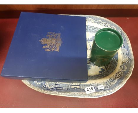 2 VICTORIAN WILLOW PATTERN PLATTERS, TYRONE ITEM &amp; ROYAL EPNS PLATE 