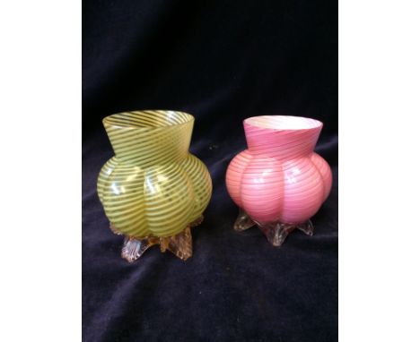 Kralik Bohemian Art Nouveau straw opal vase with applied and moulded feet, with similar in cased pink oppalescent and cranber