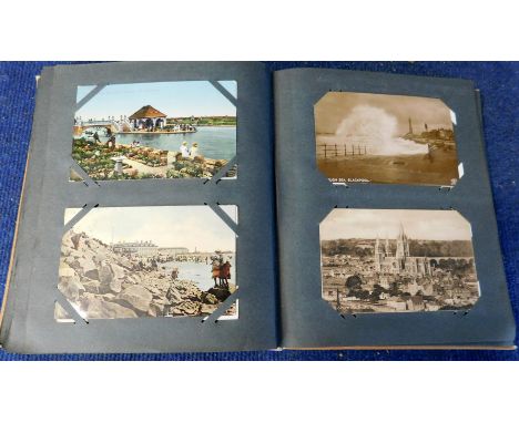 Old postcard album containing circa 180 picture postcards with topographical including Post Office Staplecross, Great Yarmout