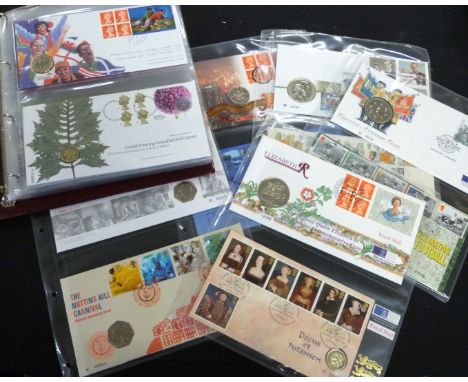 GB 1993-2014 collection of 44 Royal Mail/Royal Mint philatelic numismatic covers in 2 albums including 2002 Commonwealth Game