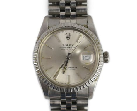 A gentleman's mid 1980's stainless steel Rolex Oyster Perpetual Datejust wrist watch, on a stainless steel Rolex bracelet, wi
