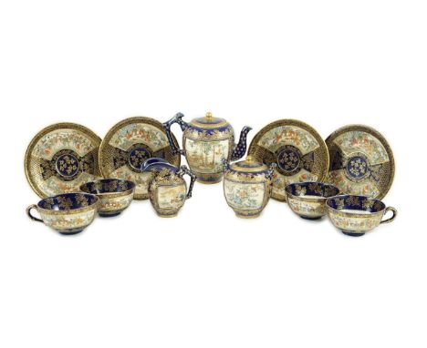 A group of Japanese Satsuma pottery tea wares, by Kinkozan, Meiji period, comprising a matching teapot, 12.5cm high, a covere