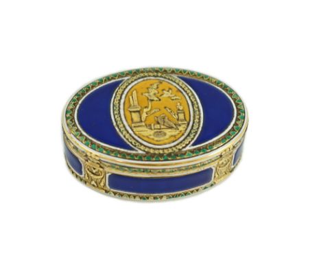A late 18th/early 19th century French? gold and polychrome enamel oval snuff box, the central scene with birds and ruins, the