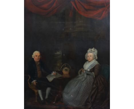 Late 18th Century English School Full length portrait of Sir James Esdaile (1714-1793) and Elizabeth Pate, seated at table wi