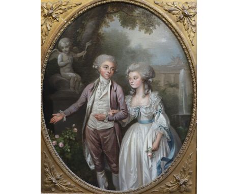 Late 18th century English School Three quarter length portrait of a husband and wife admiring roses in an Italianate gardenoi