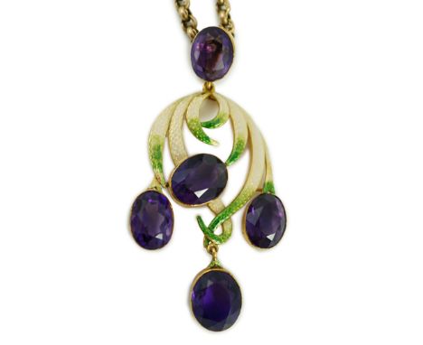 An early 20th century continental gold, enamel and five stone oval cut amethyst set drop pendant, of scrolling design, maker'